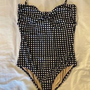 J Crew navy and white polka dot one piece swimsuit